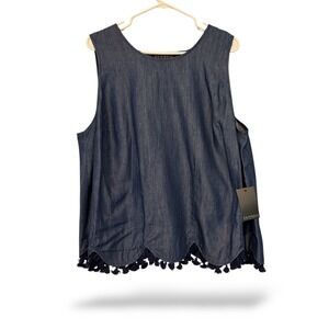 Eloquii Women's Denim Sleeveless Top Plus Sz 18 Blue Tassel Trim Scallop Hem NWT